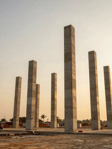 Wide environmental shot of a major Nigerian infrastructure project at golden hour, concrete pillars rising against an expansive warm sky, clean framing.