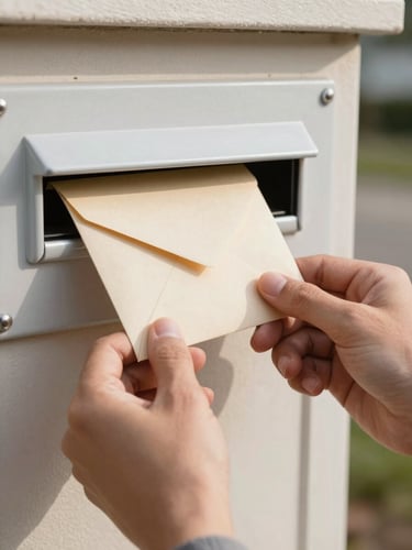 Close tight frame of two hands pulling a postcard from a residential mailbox slot, soft north-facing daylight, warm off-white envelope visible in the background, no faces