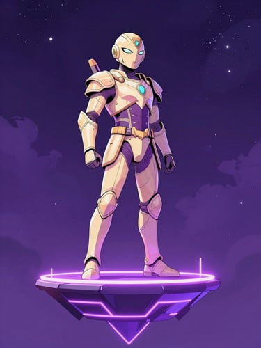 Tall portrait-format comic book cover design, a tiny armored hero standing on a floating neon-lit platform against a deep violet cosmic sky, bold graphic linework, warm pastel and electric purple palette, clean studio lighting with no shadows