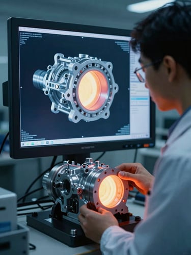 Industrial technician reviewing high-resolution digital X-ray scans of an aluminum pump housing on a screen in a cool blue-lit control room, 35mm.