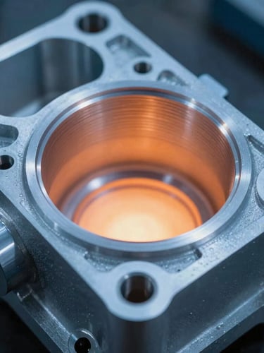Close-up macro of a high-precision aluminum pump housing casting, showing sharp machined tolerances and clean sand-cast edges, cool blue industrial lighting with subtle warm furnace glow, 35mm