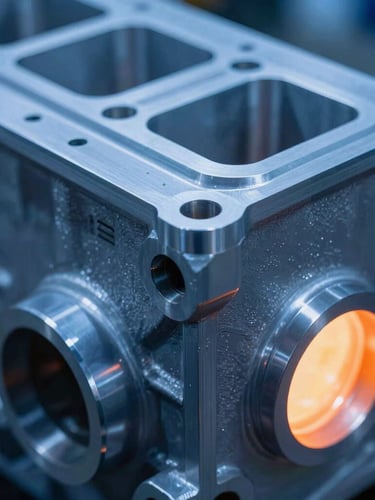 Close-up macro shot of a raw aluminum automotive engine housing showing precise clean edges and fine metal textures under cool blue ambient factory light, 35mm.