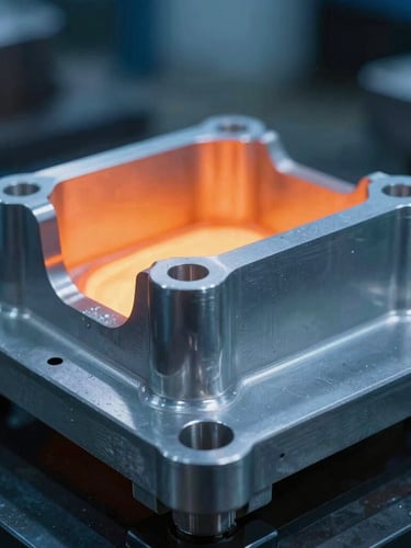 Macro photograph of a clean-edged aluminum electrical housing casting, technical details visible, cool blue ambient factory light with sharp industrial focus, 35mm