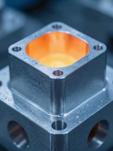 Close-up macro shot of a finished high-precision aluminum casting with clean edges and tight tolerances, cool blue ambient factory lighting, 35mm.