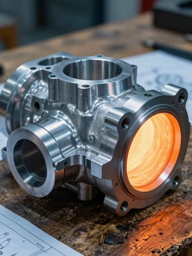 A sharp macro 35mm photograph of a finished raw aluminum gearbox casting, clean high-tolerance edges, resting on a rustic wooden workbench with industrial blueprint details.