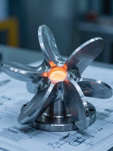 A perfectly cast aluminum impeller with complex curved vanes, resting on a technical blueprint sheet, cool blue ambient factory lighting, sharp macro focus on the vane edges