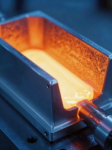 Industrial dramatic photography of a high-precision aluminum casing with clean edges, cool blue ambient light with fiery orange furnace glow, sharp macro focus, 35mm