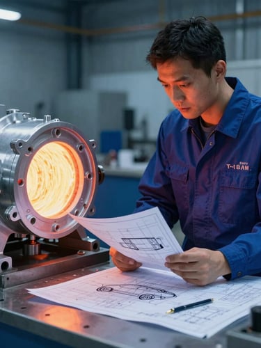 An automotive design engineer in a blue-toned factory reviewing technical blueprints next to a finished aluminum casting, 35mm.