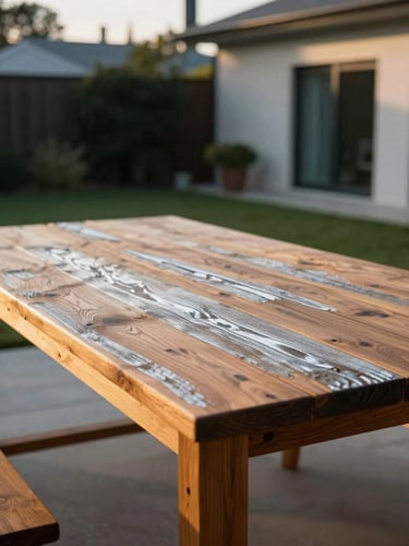 Low-angle golden hour shot of a rectangular teak table showing a weathered silver patina, modern architectural backyard background, medium format film.