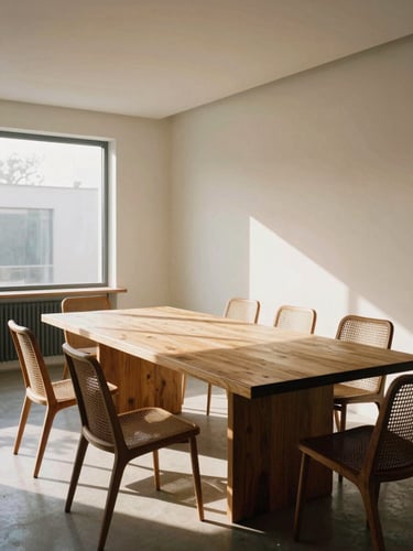 A bright, high-ceilinged architectural showroom with a large rectangular teak dining table and high-tension mesh recliners, soft morning light casting long shadows, medium format film.