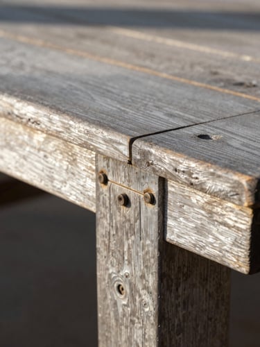 Extreme macro detail shot of mortise-and-tenon joinery on a weathered silver teak table, crisp morning light, long shadows.
