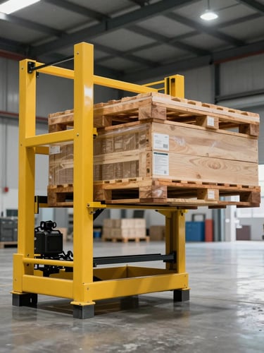 Wide dynamic 3/4 angle of a yellow high-rack stacker lifting a heavy pallet inside a modern warehouse, sharp lighting, concrete floor reflections