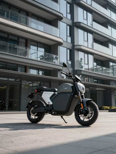 Wide panoramic architectural composition, sharp studio lighting, a sleek modern electric motorcycle parked next to a high-end residential glass facade, dramatic shadows, clean slate gray tones.