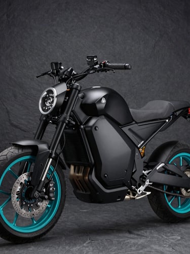 Dynamic 3/4 studio shot of a sleek matte black electric motorcycle, high-contrast cyan accents on the wheel rims, sharp architectural lighting, dark slate background