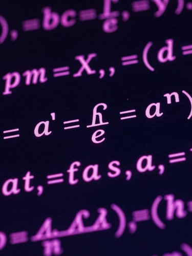 Macro shot of complex mathematical equations rendered in clean LaTeX on a high-contrast dark screen, glowing neon magenta accents, sharp focus, 35mm