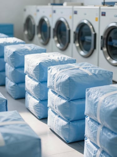 Bright clean industrial laundry facility floor, neatly stacked wrapped linen bundles, cool daylight, sharp focus, 35mm