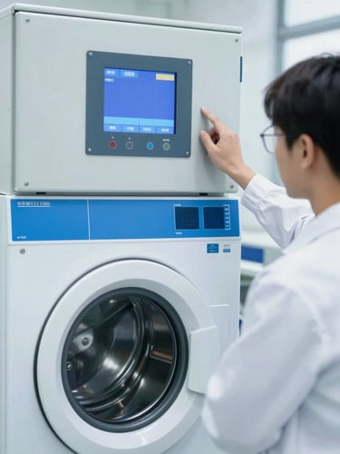 Close-up of a technician in a clean white uniform monitoring a digital control panel of an industrial washing machine, cool white light, ocean blue accents, sharp focus.