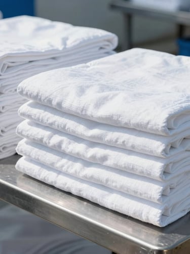 Medium shot of neatly folded and wrapped white linen bundles on a clean metal table, bright daylight from the side, sharp focus on fabric texture, industrial scale.