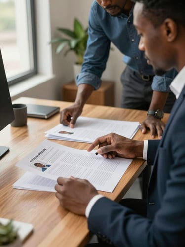 Close environmental shot inside an African HR office — a recruiter's hands sorting through printed candidate profiles on a desk, a second colleague leaning in to point at a specific document, natural daylight from a window to the left, warm wood-toned desk surface, office plants blurred in the background