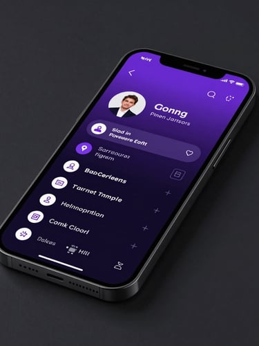 Sharp front-facing smartphone mockup displaying a sleek dark-mode digital business card profile with social links, contact files, and a clean neon violet accent, studio lighting