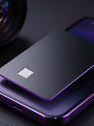 Extreme close-up of a matte black metal NFC business card with a subtle neon violet edge-glow being tapped against a modern smartphone, dramatic studio lighting, dark moody background, 85mm lens