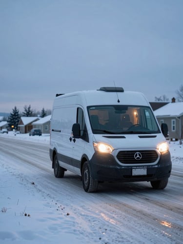 Mobile outreach van driving through snowy Saskatchewan streets at dusk, headlights on, with warm light spilling from inside, viewed from a respectful medium distance.
