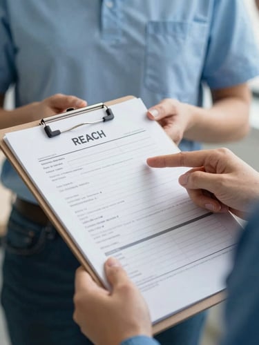 Close-up of a REACH team member's hands holding a clipboard with referral forms, pointing to a section while speaking with an individual, respectful distance, natural light.