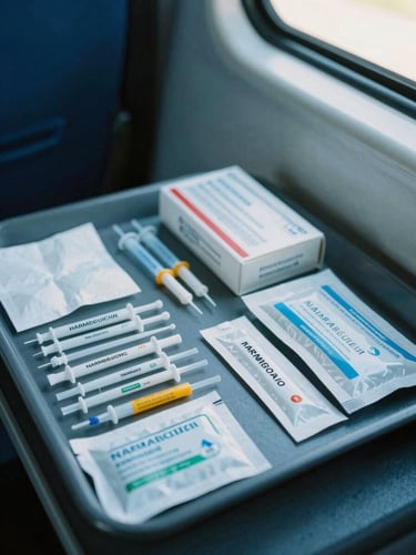 Close-up of clean harm reduction supplies (sterile needles, alcohol swabs, naloxone kit) neatly arranged on a tray inside the mobile outreach van, natural light, cool blue tones.