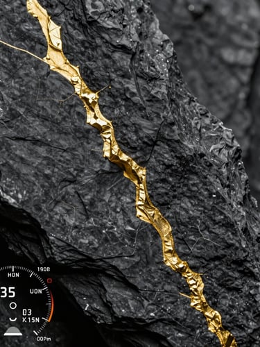 Macro photography of a raw, unmined gold vein embedded in dark slate rock, high-contrast, dramatic natural crevices, technical dashboard overlay, scientific precision.