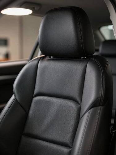 Close-up of a car seat being upholstered in black premium leather, stitching pattern traced along the bolster, overhead workshop light casting sharp texture shadows, no people