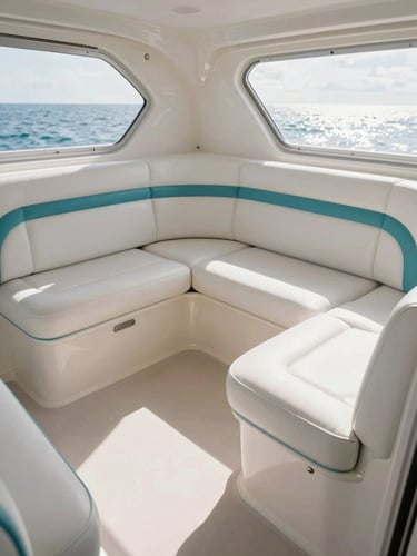 Wide shot of a finished boat cabin interior, clean white marine vinyl seating with teal accent stitching, unoccupied, strong daylight streaming through portholes, no people