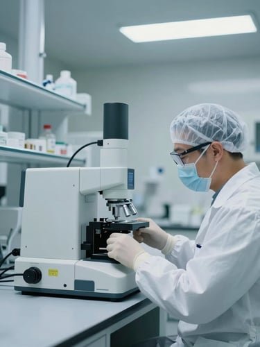 Wide environmental shot of a modern clinical laboratory, cool clean fluorescent lighting, a focused technician in protective gear calibrating high-precision diagnostic equipment, shallow depth of field.