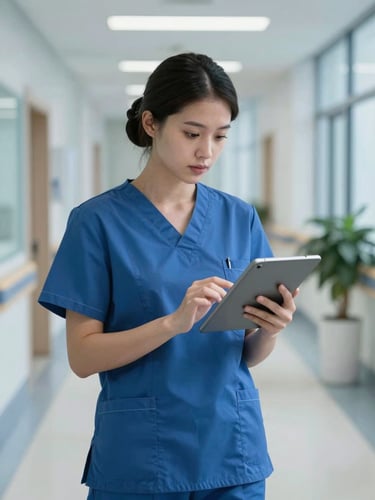 A focused nurse in blue scrubs reviewing clinical data on a tablet in a modern hospital hallway, cool clean daylight, professional depth of field.