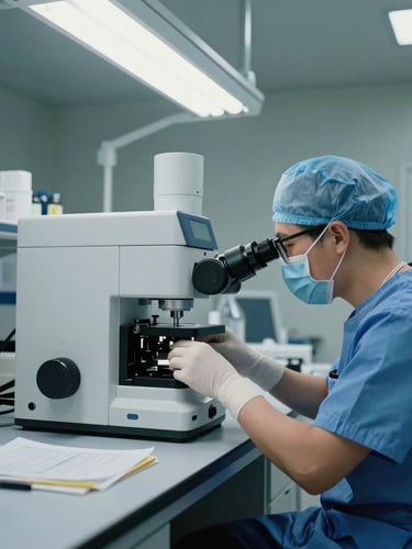 Wide-angle crisp clinical laboratory, a focused scientist in protective blue scrubs calibrating high-precision diagnostic equipment under cool fluorescent lighting.