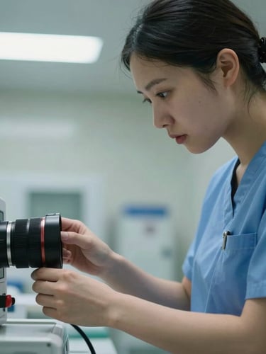 Close-up of a focused clinical nurse in scrubs adjusting medical equipment under cool fluorescent lighting, high-contrast, clean composition