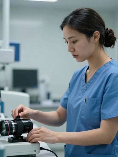 A focused female nurse in blue scrubs adjusting clinical equipment, cool daylight, clean laboratory background, medium shot.