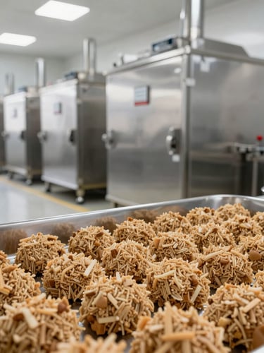 Wide shot of a modern sanitary food processing facility, gleaming stainless steel dehydration chambers, clean floors, bright natural light