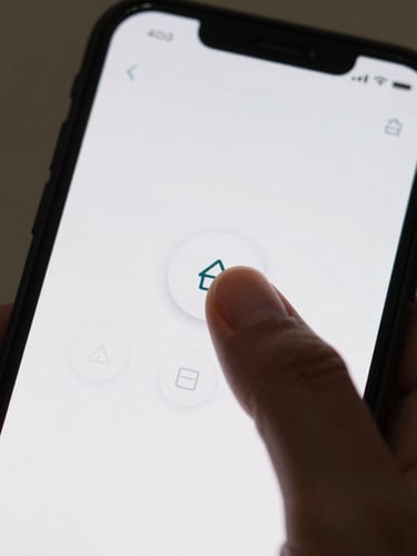 Close-up of a single finger tapping a minimal Android UI button on a phone screen, soft indoor daylight, shallow depth of field, clean white interface visible on screen, no distractions