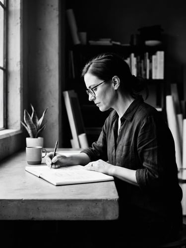 High-contrast black and white portrait of a designer at a minimalist concrete desk, dramatic side-lit natural window light, sharp focus, 35mm film grain