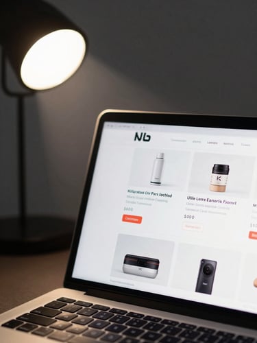 Close-up of a laptop screen displaying a clean e-commerce product page, dark desk surface, single studio lamp casting sharp directional light from the left, keyboard edge visible in foreground, no people