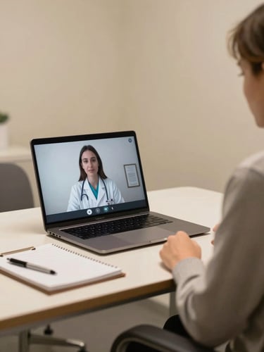Medium shot of a consultation room with a laptop screen open on a video call interface, a clinician's notepad beside it, warm studio lighting, quiet clinical interior with cream-toned walls, no visible faces on screen