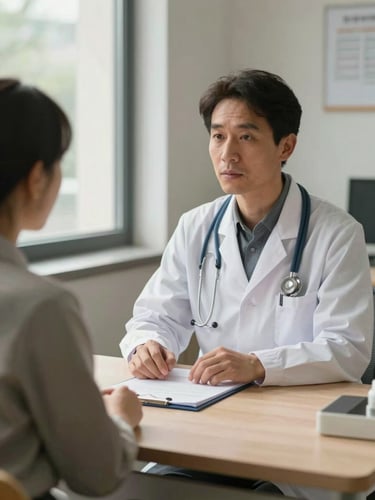 Medium shot of a clinician and patient in quiet conversation across a consultation desk, clinician's hands resting on an open case file, soft north-facing daylight from a window to the left, warm studio tones, no harsh shadows, calm clinical interior