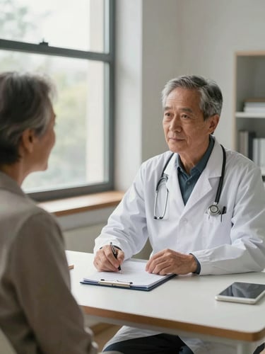 Medium shot of a neurologist and an older adult patient seated across a consultation table, clinician's hands resting on open clinical notes, soft north-facing daylight from a large window to the left, warm studio-quality ambient fill, calm and attentive atmosphere, no harsh shadows