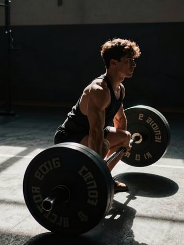 Low-key high-contrast side profile of a focused athlete performing a deadlift, extreme muscular tension, sharp directional shadows, desaturated tones, 35mm film.