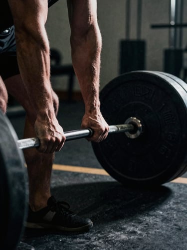 Dramatic close-up of an athlete's hands gripping a heavy barbell, chalk dust in the air, high-contrast directional lighting, deep shadows, clinical athletic facility, 35mm film.