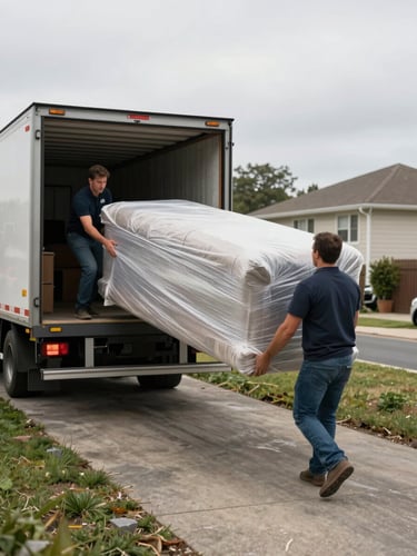 Wide side-angle view of a moving crew carrying a heavy wrapped sofa down a residential driveway ramp toward an open truck bay, natural overcast daylight, strong horizontal composition showing the full operation in progress