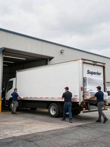 Wide side-angle shot of a Superior Moving truck backed up flush to a loading dock in even overcast daylight, crew members carrying wrapped furniture up the ramp, concrete industrial bay visible in the background, strong horizontal framing
