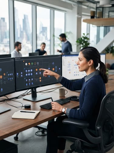A professional software engineer reviewing system architecture on high-end monitors in a bright, modern tech workspace, cool corporate editorial style.
