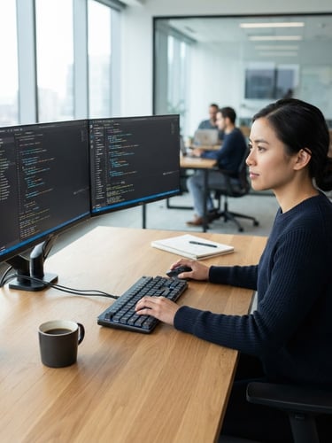 Cool corporate editorial photography of a modern software engineer workspace, dual monitors displaying clean code, natural window light, sharp focus, 35mm