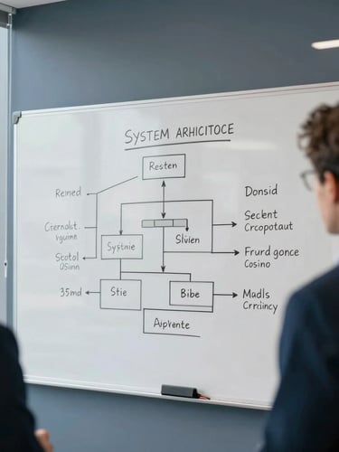 Candid collaborative review of system architecture on a whiteboard in a cool-toned modern office, natural window light, 35mm.